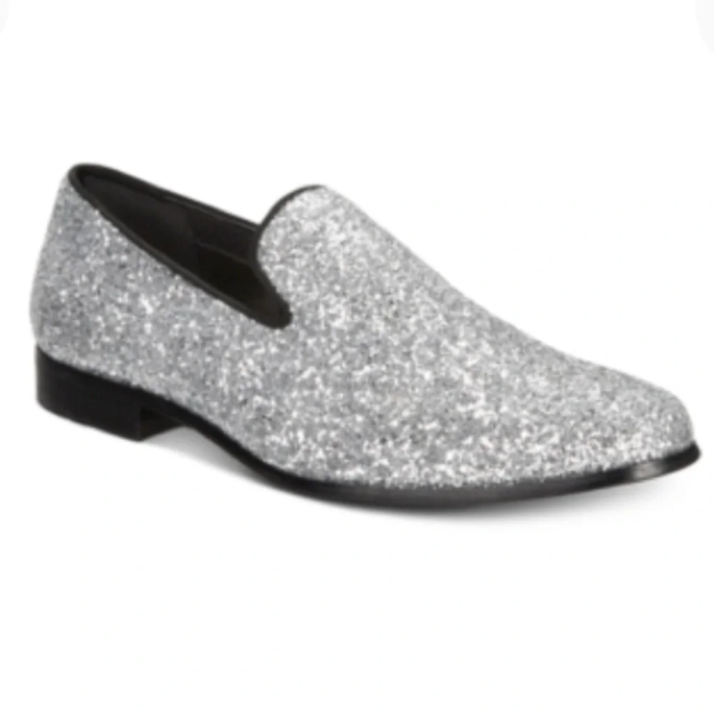 NEW INC International Concepts Mens Silver Glitter Triton Slip On Shoes, Size 7